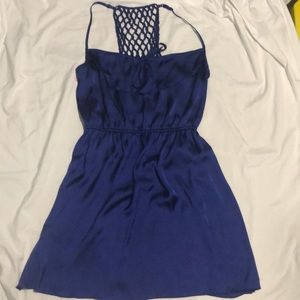 Shiny, silky, blue dress with crisscross back